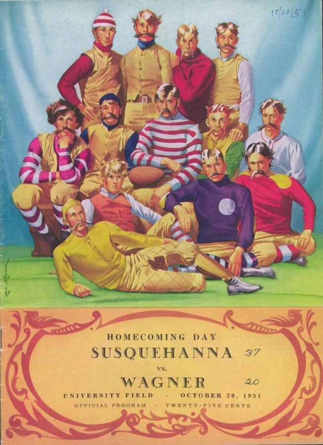 Color illustration of a group of people in historical costumes posed together for a portrait.