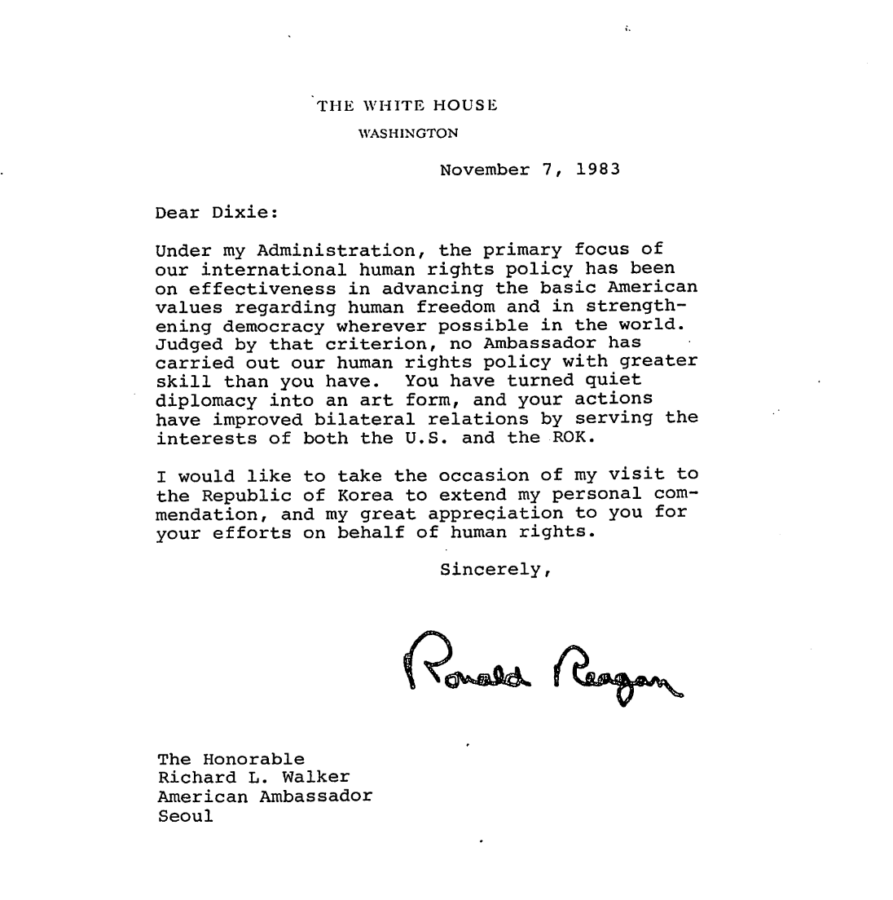 Typed letter on White House stationery signed by President Ronald Reagan.