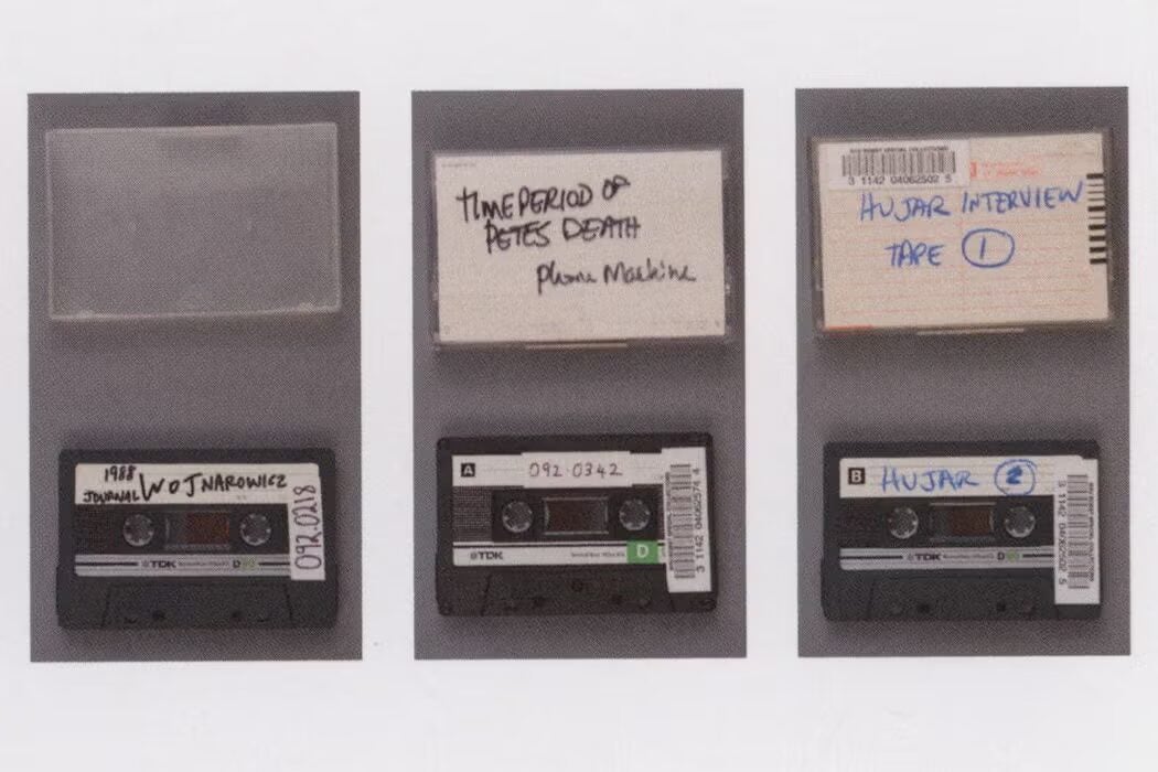 Photograph of three labeled cassette tapes displayed with their cases against a neutral background. Handwritten labels include interview recordings and audio documentation, suggesting archival oral history or research materials.