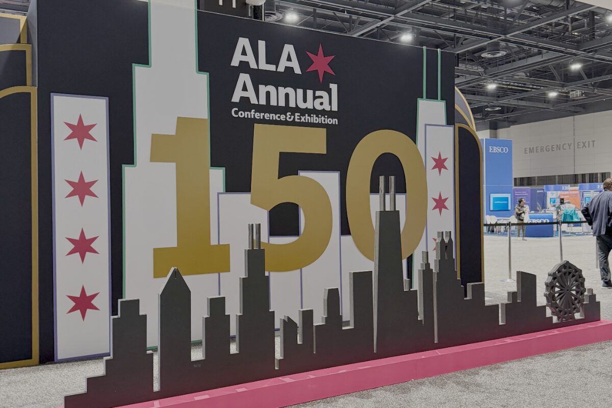 Large ALA Annual Conference & Exhibition display featuring the number 150 and a silhouette of the Chicago skyline.