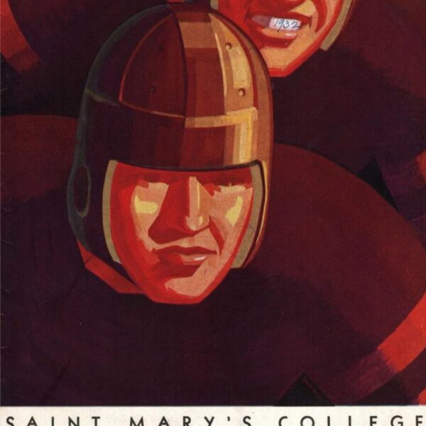 Illustrated image of football players wearing vintage helmets with the text 'Saint Mary's College.'