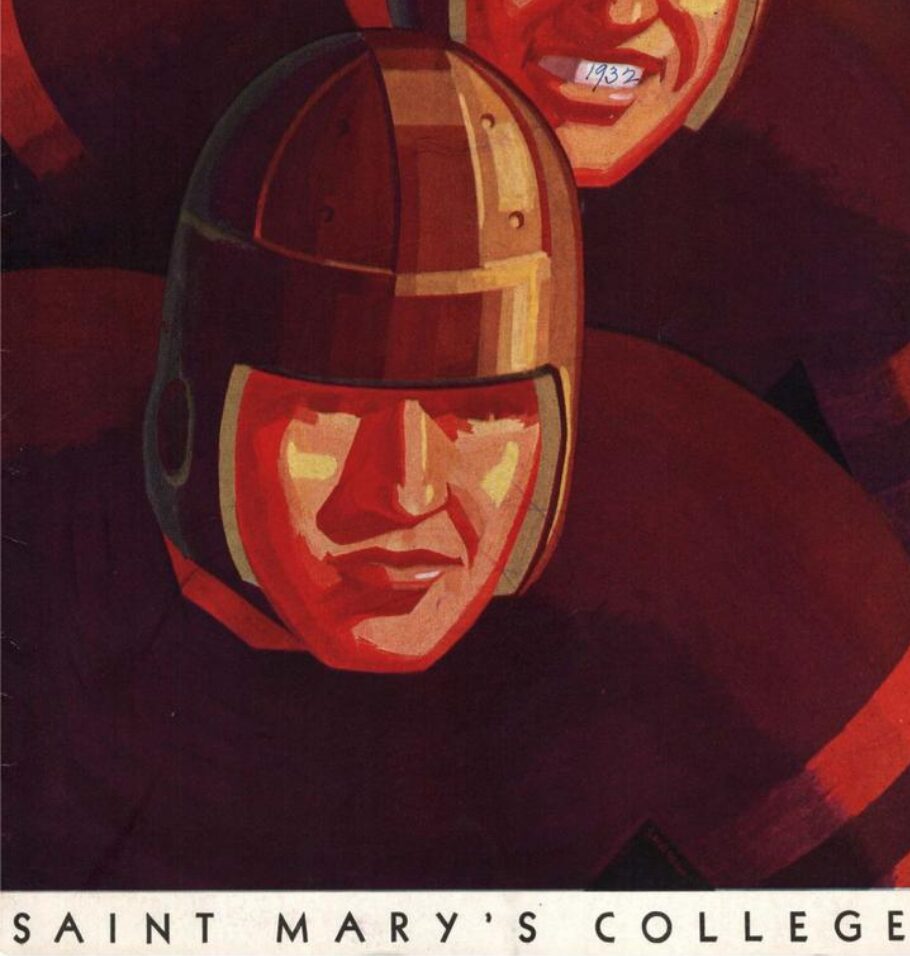 Illustrated image of football players wearing vintage helmets with the text 'Saint Mary's College.'