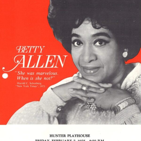 Red, black, and white promotional poster featuring singer Betty Allen and details for a February 7, 1975 performance at Hunter Playhouse.