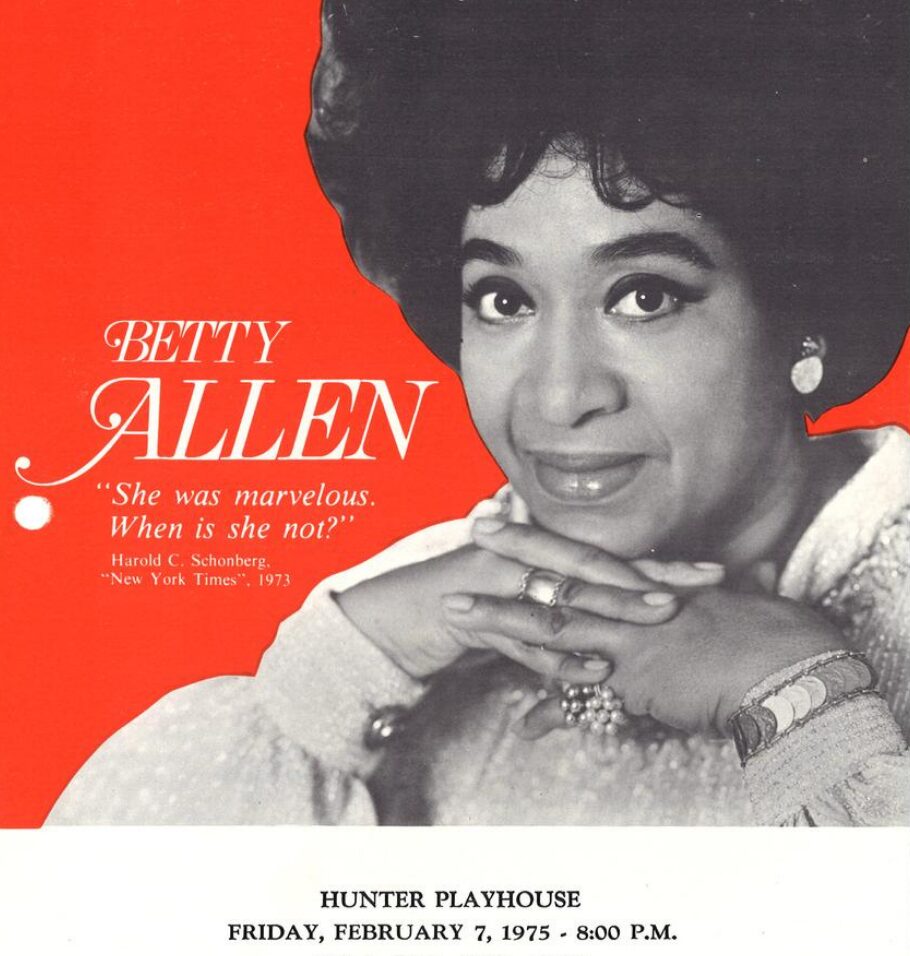 Red, black, and white promotional poster featuring singer Betty Allen and details for a February 7, 1975 performance at Hunter Playhouse.