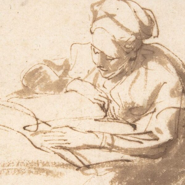 Pencil drawing of 19th century woman reading in modesty attire.