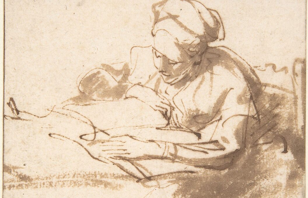 Pencil drawing of 19th century woman reading in modesty attire.