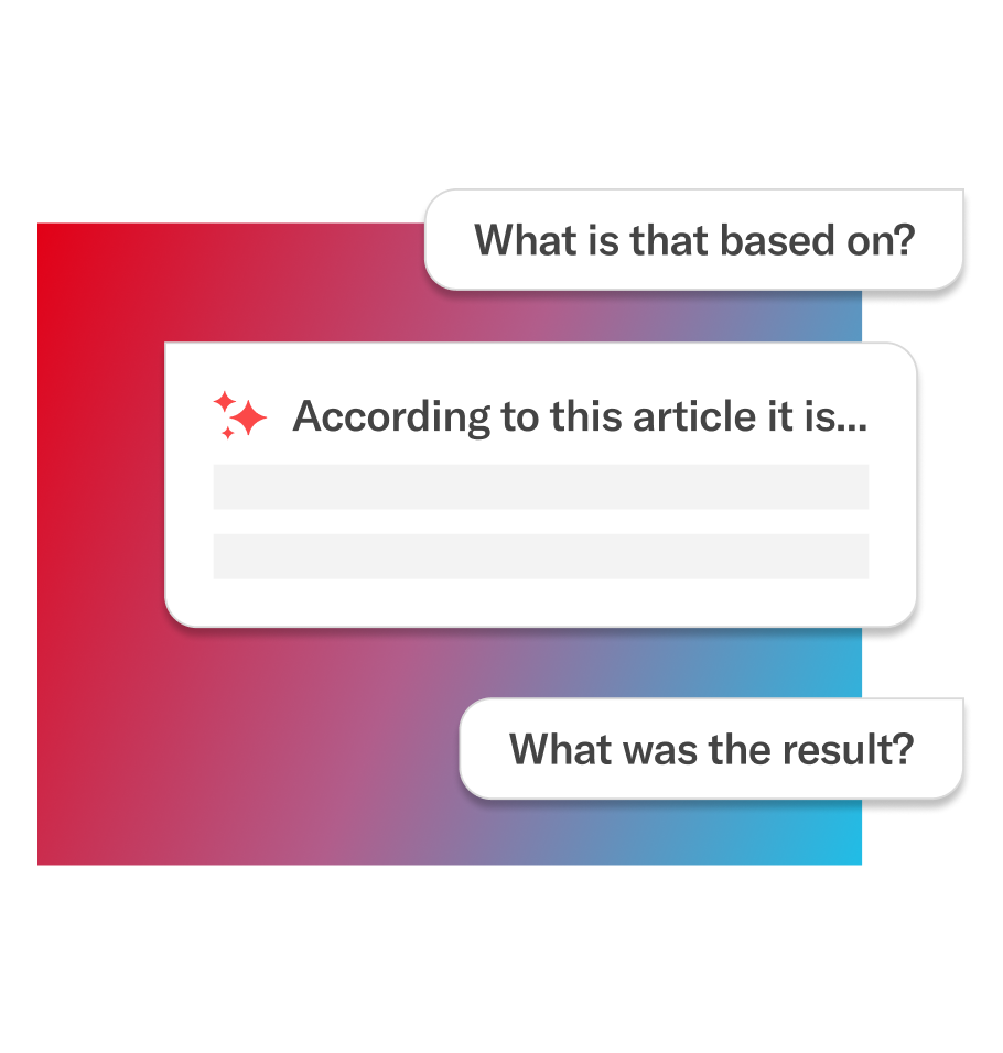 Graphic with AI prompt bubbles asking “What is that based on?” and “What was the result?”