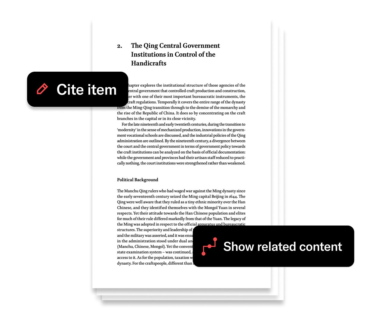 Graphic showing a document page with overlay buttons for “Cite item” and “Show related content.”