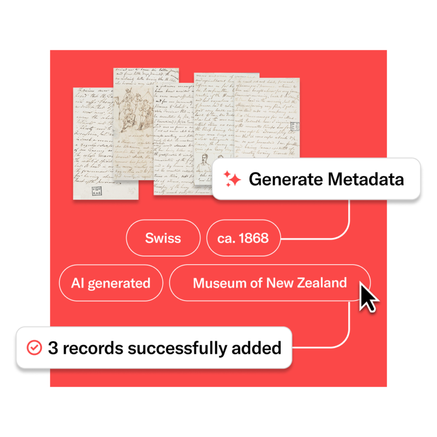 Graphic showing an AI-generated metadata interface with labels like “Swiss,” “ca. 1868,” and “3 records successfully added.”