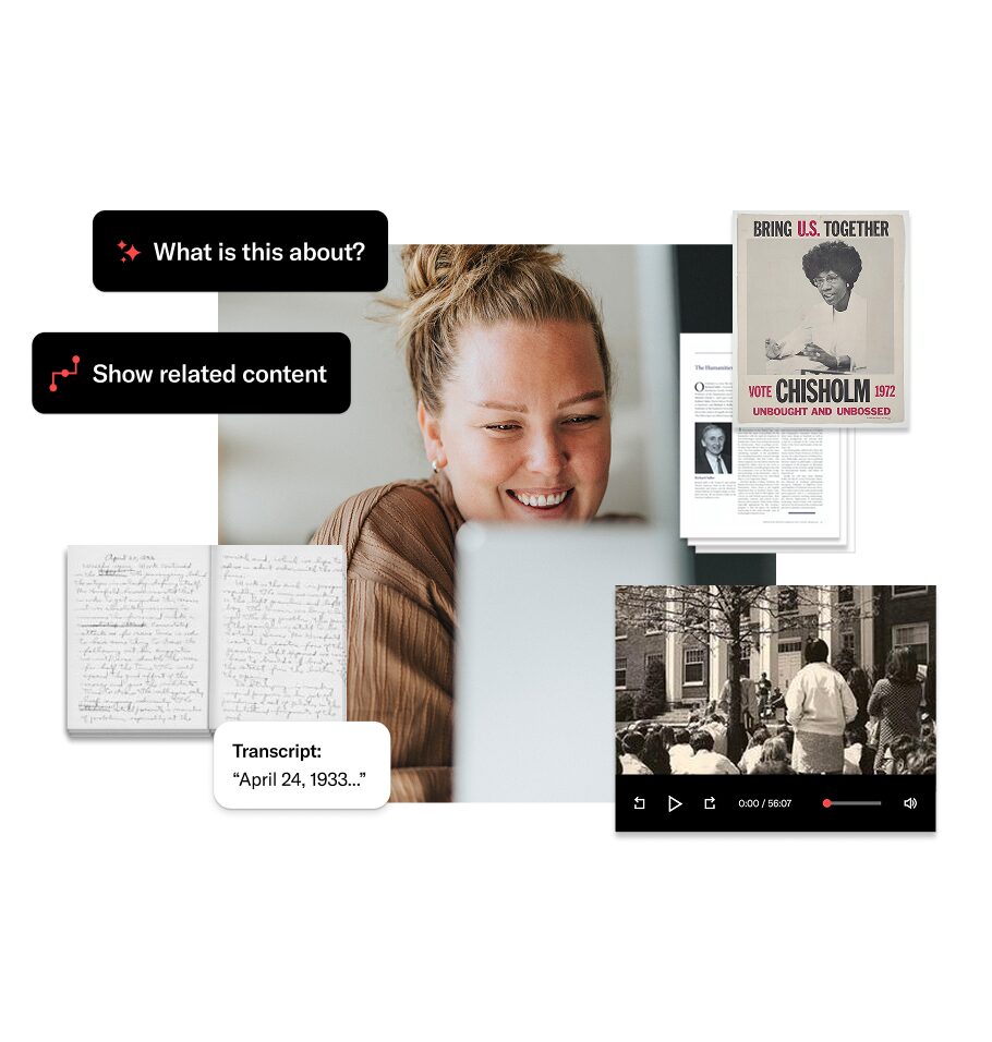Collage showing a researcher, archival materials, a video player, and AI-style prompts such as “What is this about?” and “Show related content.”