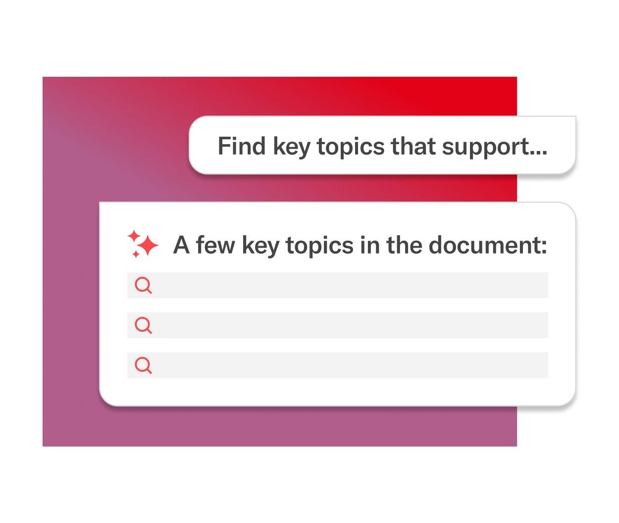 Graphic with an AI prompt reading “Find key topics that support…” and a response card listing key topics in a document.