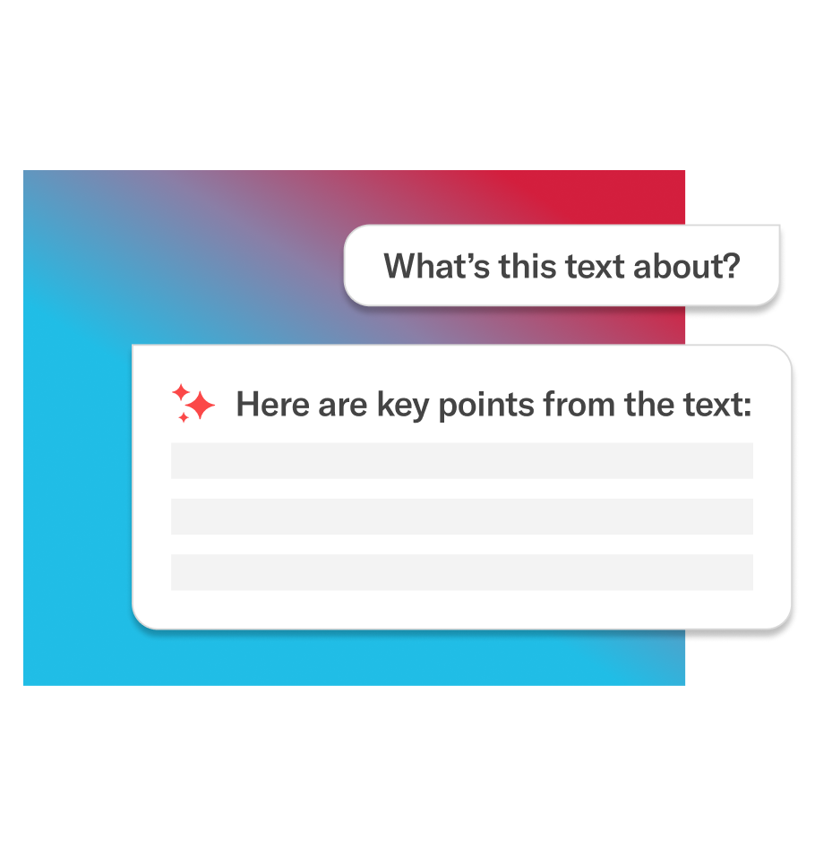 Graphic with an AI prompt asking “What’s this text about?” and a response card titled “Here are key points from the text.”