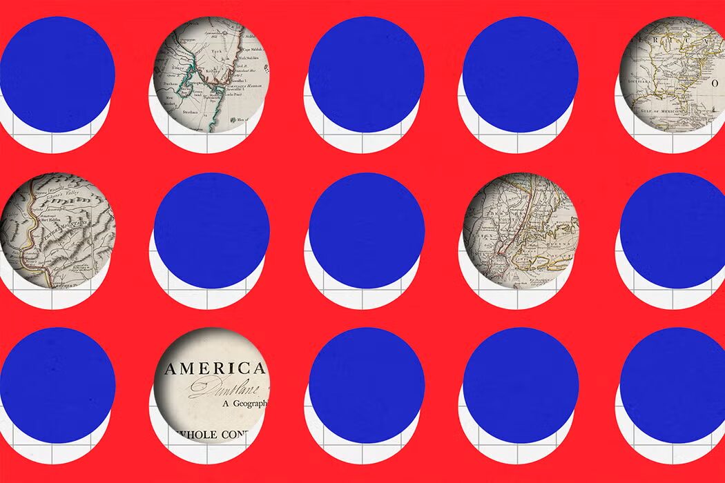 Graphic with a red background and rows of circular cutouts showing details from historical maps, including fragments of North America and map text.