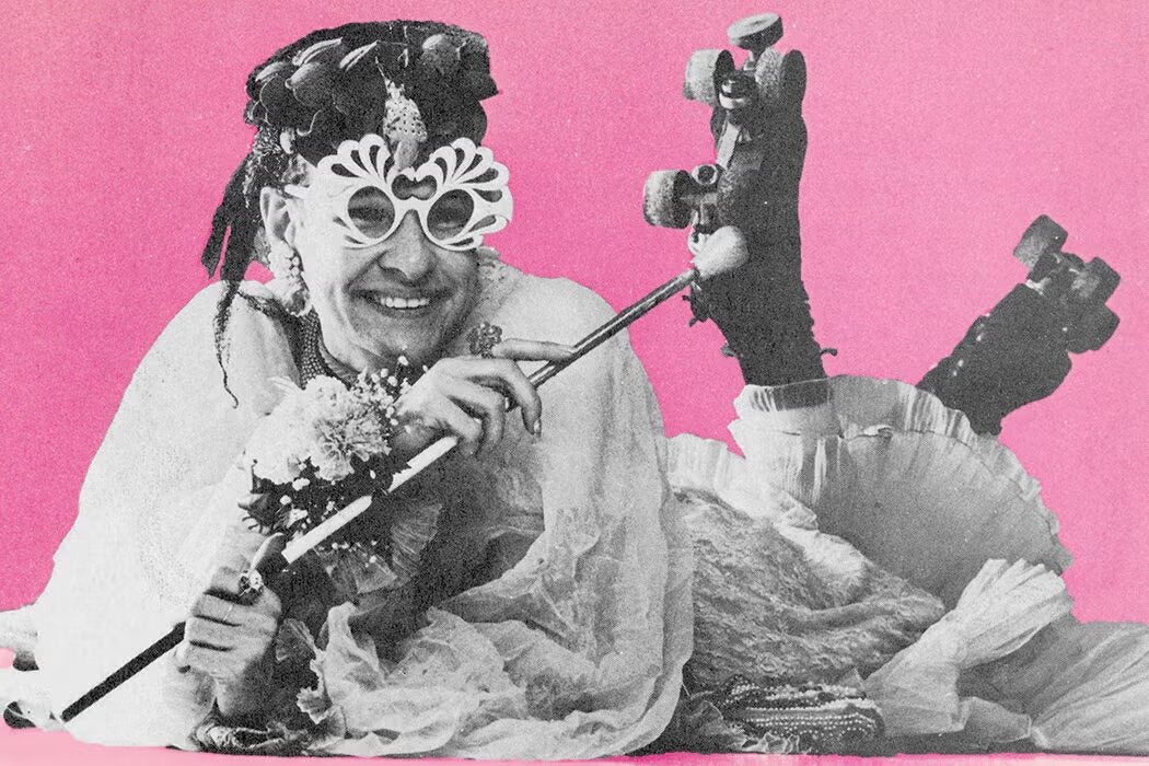 Collaged image of Rollerena smiling against a bright pink background, wearing decorative white glasses, a flowing costume, and roller skates while holding a wand.