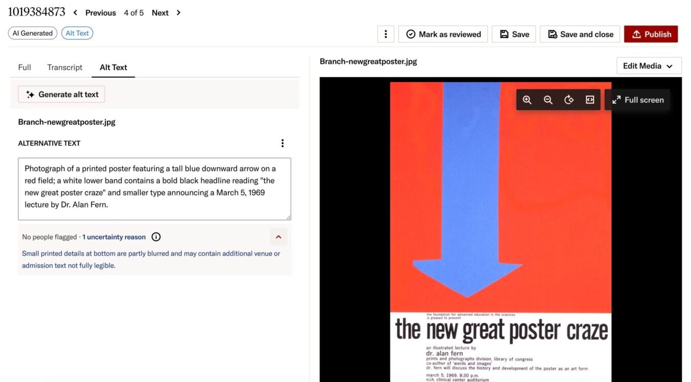Screenshot of an editing interface showing AI-generated alternative text for a red poster with a large blue downward arrow advertising “the new great poster craze.”