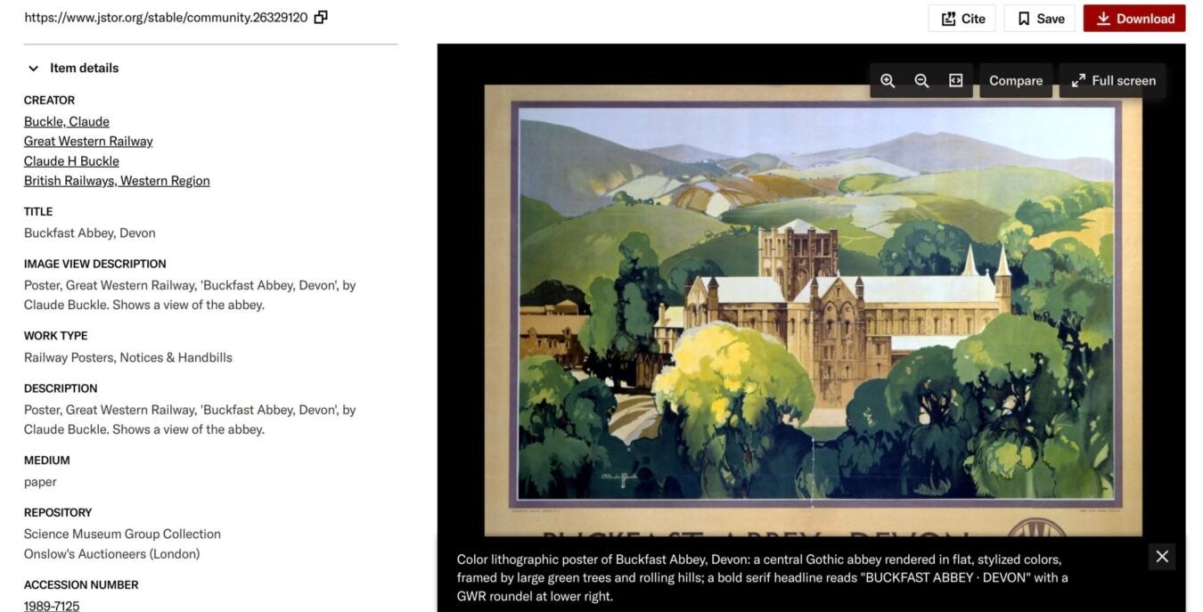 Screenshot of a JSTOR item page for a Buckfast Abbey, Devon railway poster, showing item details on the left and the colorful illustrated poster on the right.