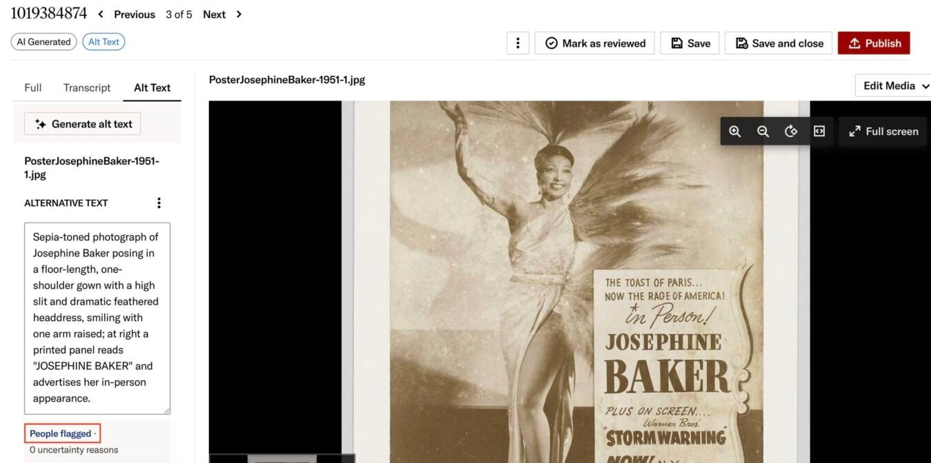 Screenshot of an alt text review interface for a sepia-toned Josephine Baker poster, with the interface indicating that a person has been flagged in the image.