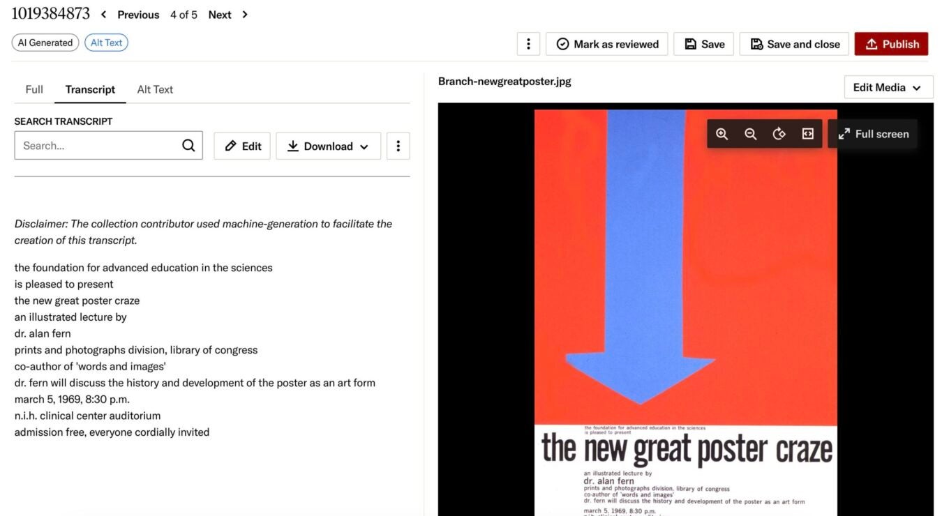 Screenshot of a transcript interface for “The New Great Poster Craze” poster, showing machine-generated text transcribing the lecture title, speaker Alan Fern, date, venue, and admission information.