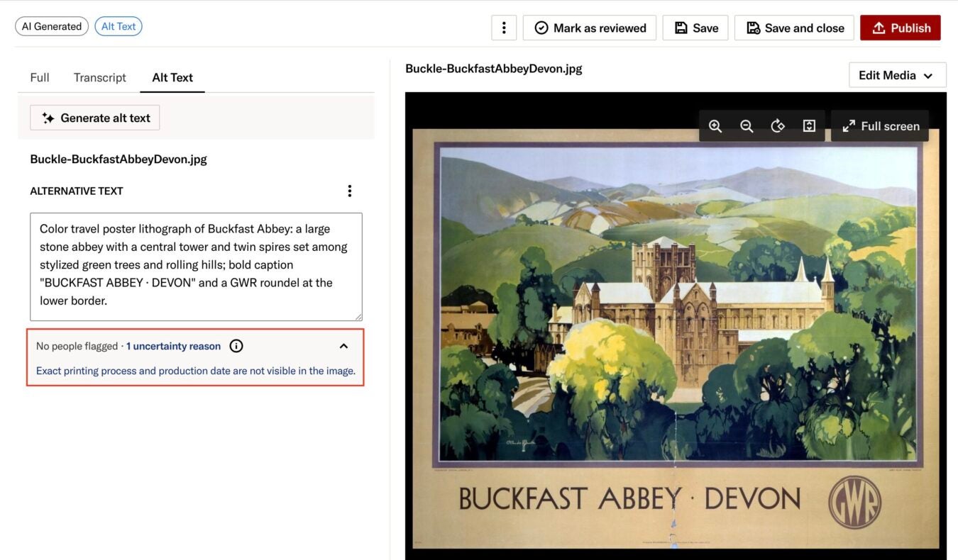 Screenshot of an alt text review interface for a colorful Buckfast Abbey, Devon travel poster, with an uncertainty notice stating that the exact printing process and production date are not visible.
