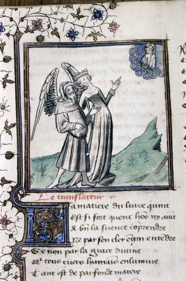 Manuscript miniature: a crowned Philosophy stands beside a bearded, winged Boethius in a green landscape, one arm around him and the other raised toward a figure of God in a cloud at upper right.