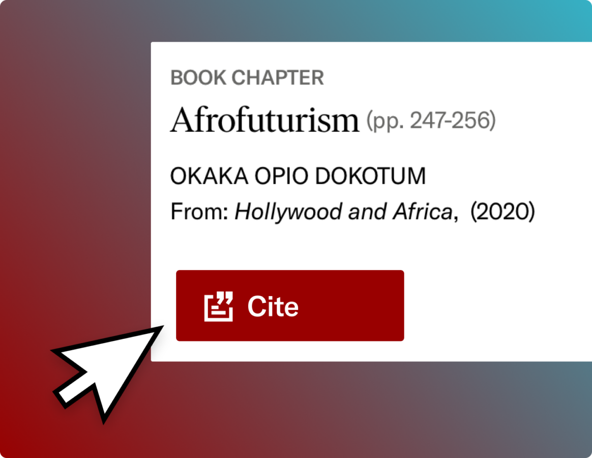 A computer mouse cursor hovers over red button that reads “Cite” on a JSTOR book chapter “Afrofuturism”.