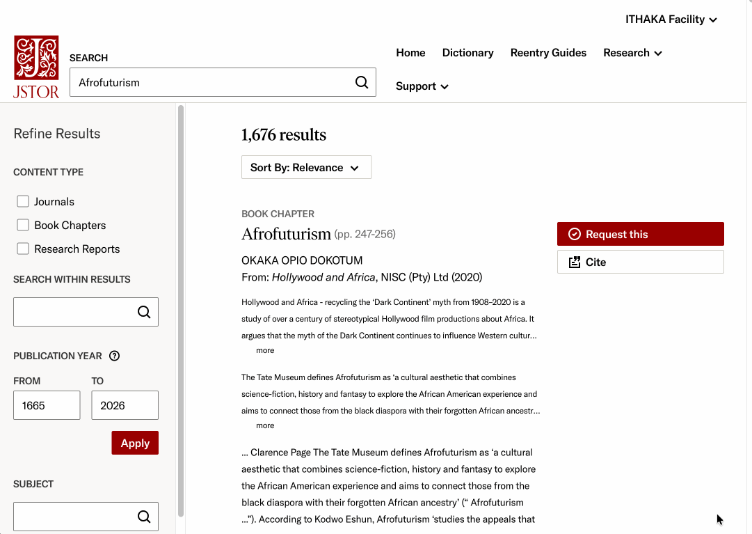 A modal titled “Cite this item” hovering over a tinted background. The modal includes MLA, Chicago, APA citation formats and a stable URL link for the item.