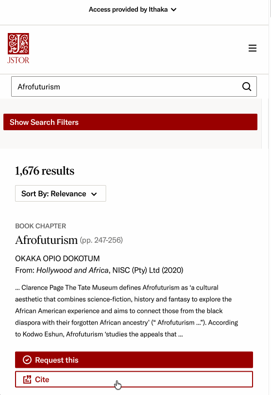 A bottom sheet component titled “Cite this item” expands on a tablet-sized screen. The sheet includes MLA, Chicago, APA citation formats and a stable URL link for the item.
