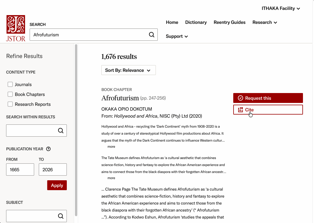 On the JSTOR search page, a user clicks “Cite” which opens a modal. The user clicks “Copy” for a stable URL, exits the modal, and searches for it in the JSTOR search bar. 