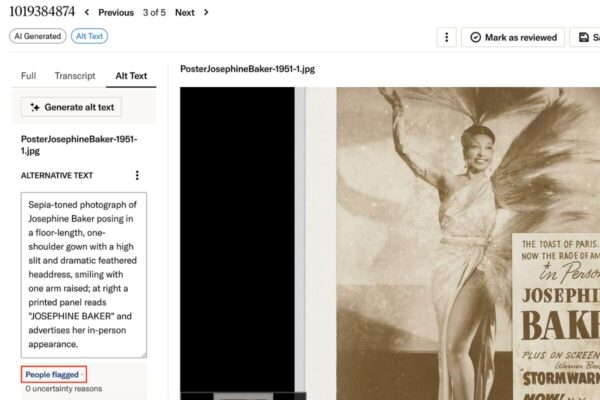 Screenshot of an alt text review interface for a sepia-toned Josephine Baker poster, with the interface indicating that a person has been flagged in the image.