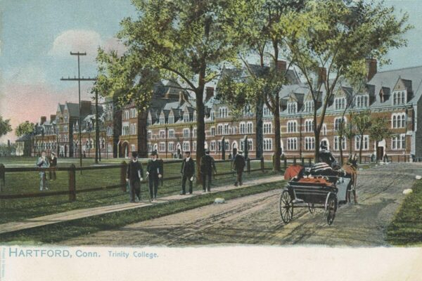 Colorized vintage postcard showing Trinity College in Hartford, Connecticut, with a long Gothic-style campus building, tree-lined grounds, pedestrians, and a horse-drawn carriage on the road.