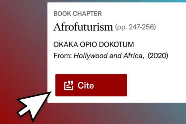 A computer mouse cursor hovers over red button that reads “Cite” on a JSTOR book chapter “Afrofuturism”.