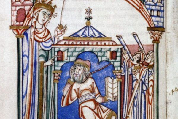 Twelfth-century manuscript drawing: Boethius, bearded and chained by the neck, sits in a walled prison holding an open book, hand to his cheek, while a tall crowned figure of Philosophy stands at left pointing toward him and two figures at right blow long horns.