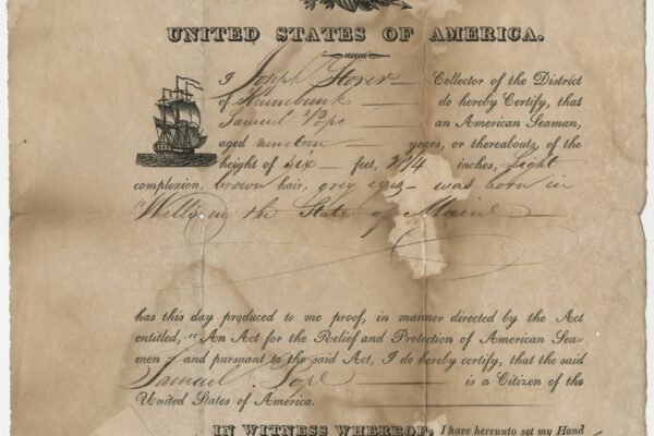 Historical United States document certifying an American seaman’s citizenship, with handwritten entries, signatures, and illustrations of an eagle and sailing ship.
