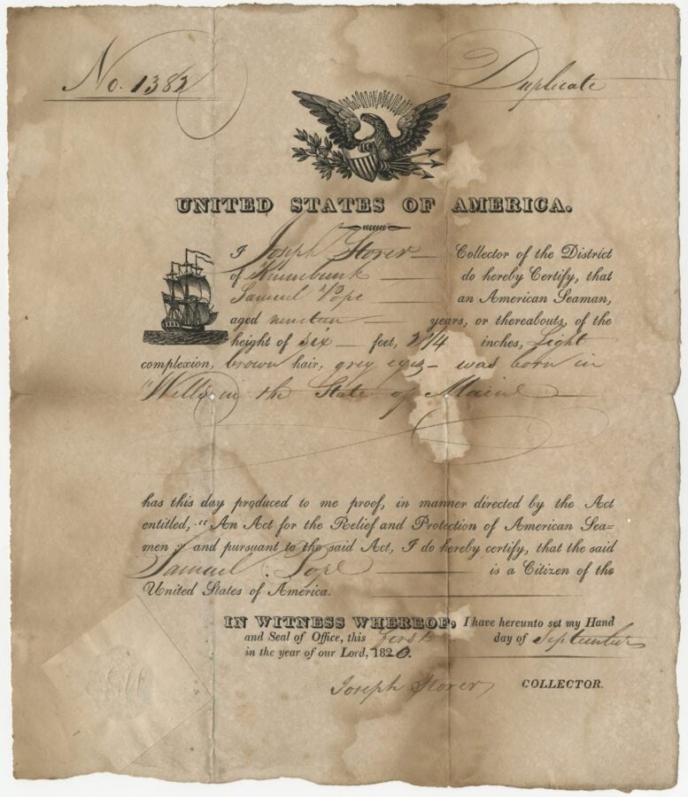Historical United States document certifying an American seaman’s citizenship, with handwritten entries, signatures, and illustrations of an eagle and sailing ship.