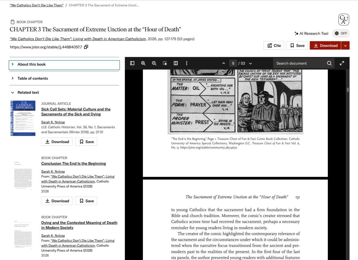 Screenshot of a JSTOR book chapter displaying a reproduced black-and-white comic page from Treasure Chest of Fun and Fact. Beneath the reproduction, the citation identifies The Catholic University of America collection and links back to the source on JSTOR.