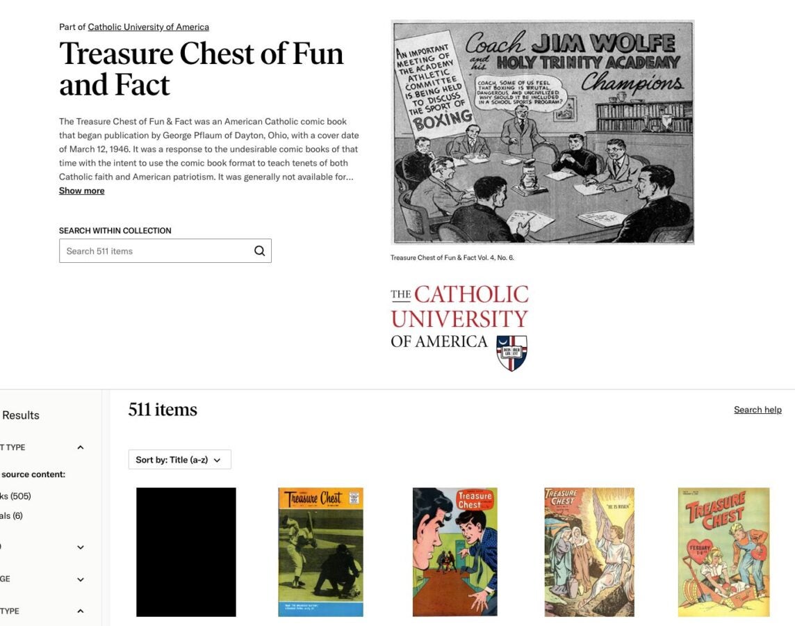 Screenshot of the Treasure Chest of Fun and Fact collection page on JSTOR with information about the collection, search options, and thumbnails of issues available to explore.