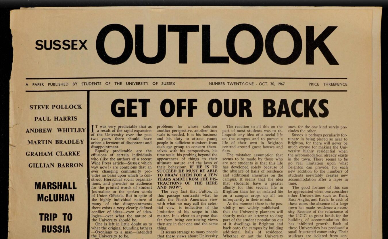 Front page of the Sussex Outlook, a University of Sussex student newspaper dated October 30, 1967, featuring the large headline “GET OFF OUR BACKS” and columns of text beneath it.