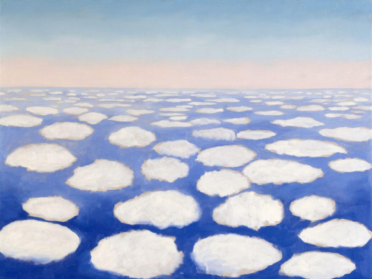 An oil painting depicting fluffy white clouds from high above a blue sky with a pastel horizon line.