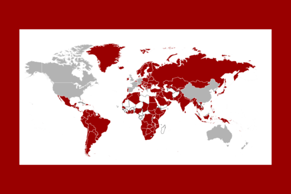 World map on a dark red background, with 156 countries highlighted in red and remaining countries shown in gray.