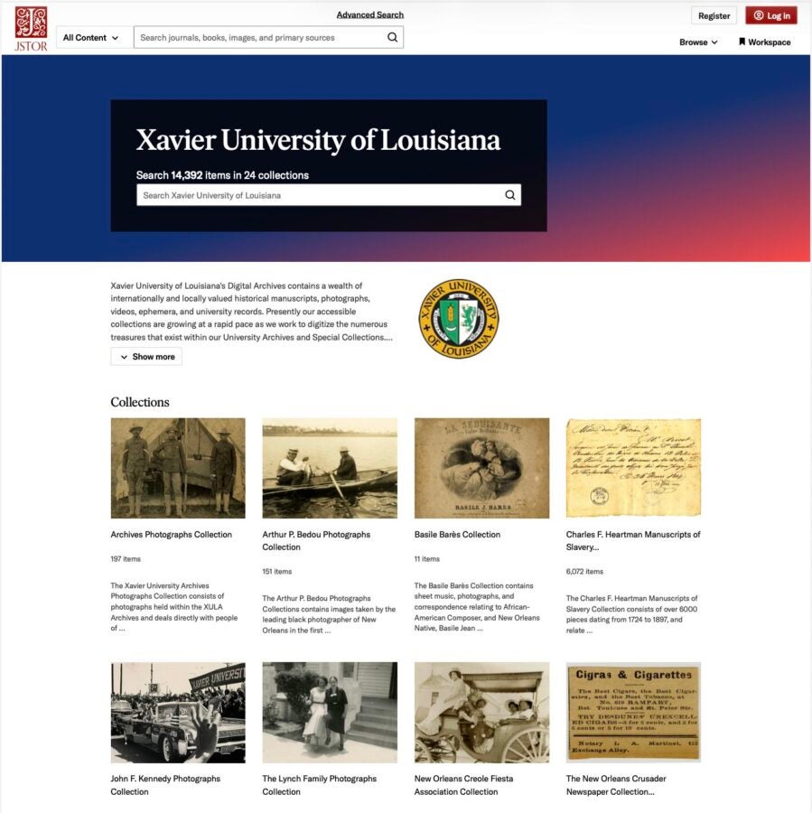 Screenshot of XULA’s Digital Archives landing page on JSTOR, showing a search bar, XULA branding including logo, and collection tiles for archives, photographs, manuscripts, and newspapers.