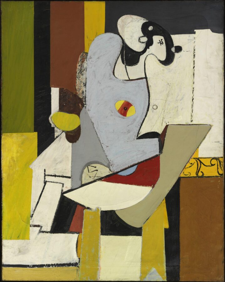 Abstract painting of a seated figure with a pale blue body and simplified black-and-white face. Angular shapes and vertical bands of yellow, green, brown, and black fill the background.