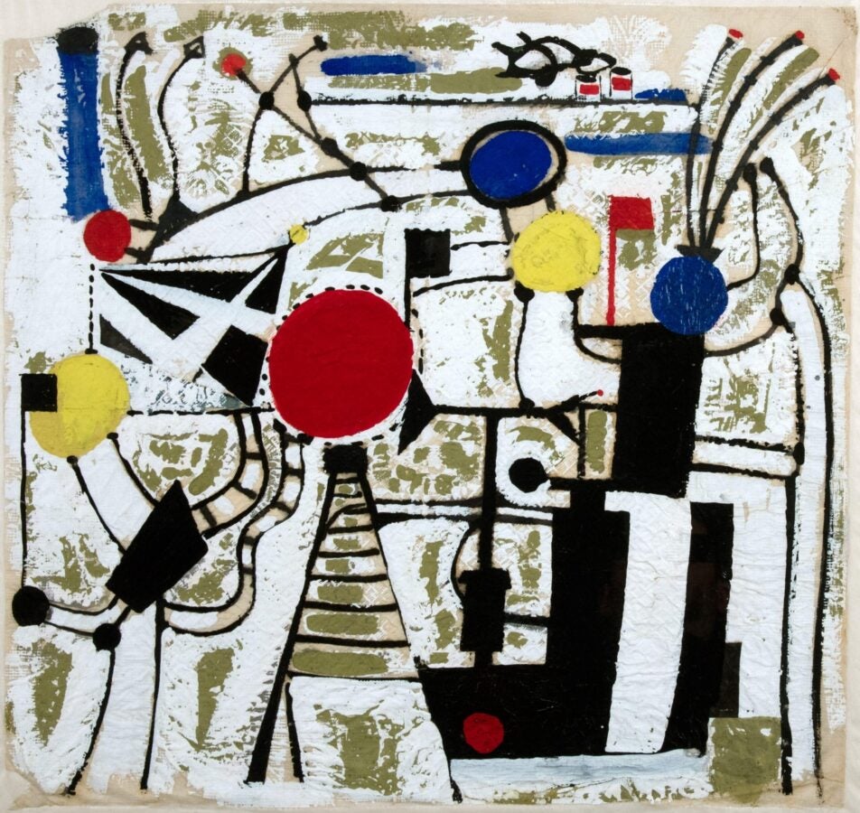 Abstract drawing of a crowded, imagined interior, composed of loosely sketched geometric forms, furniture-like shapes, and scattered small accents of red, blue, and ochre.