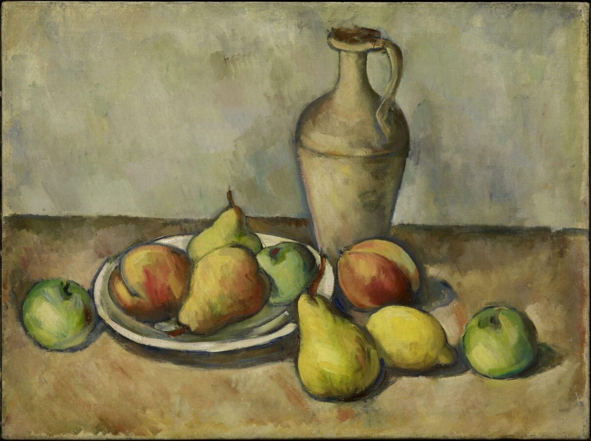 Still life of pears and peaches arranged on a plate, with a tall handled jug behind them. The fruit and jug are painted in muted yellow, green, and reddish tones against a plain background.
