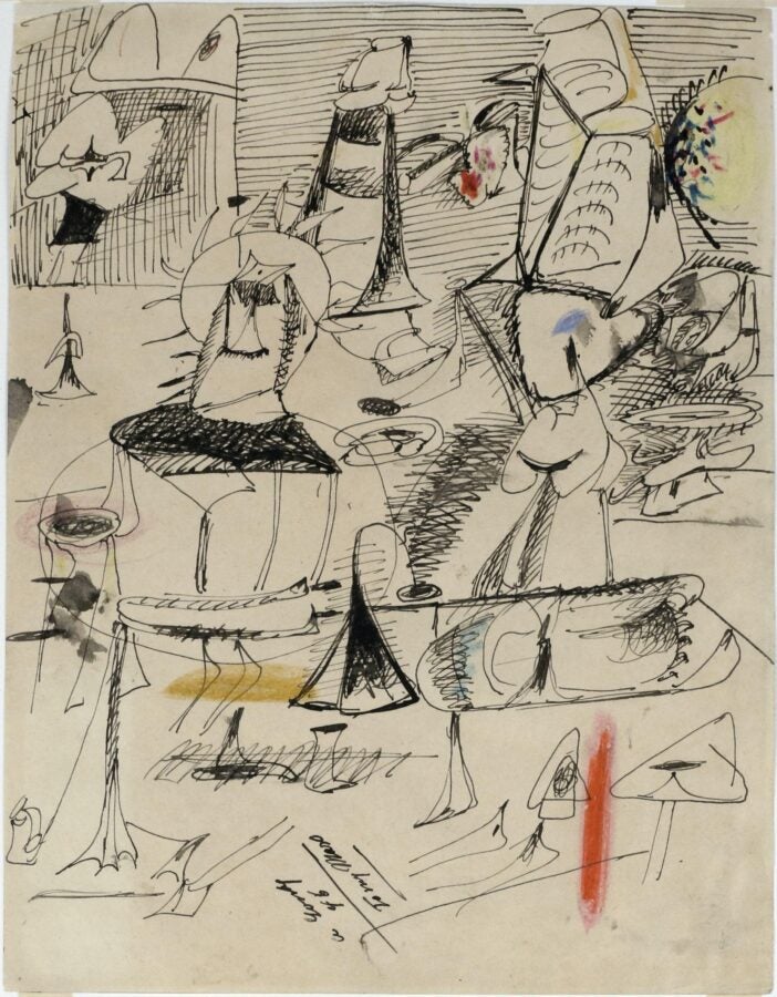 - Abstract composition of overlapping figures and geometric forms, painted in cream, gray, yellow, black, and brown. A pale blue figure with a stylized face occupies the center.