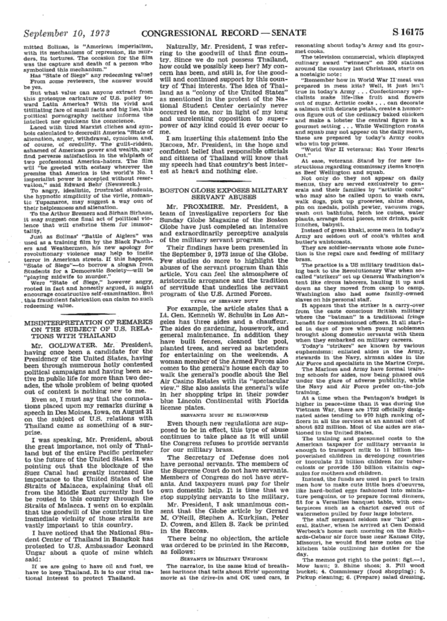 Page S16175 of the September 10, 1973, Congressional Record—Senate. A section headed “Boston Globe Exposes Military Servant Abuses” presents Senator Proxmire’s discussion of Filipino Navy stewards and other military domestic workers. Other text discusses U.S. relations with Thailand.