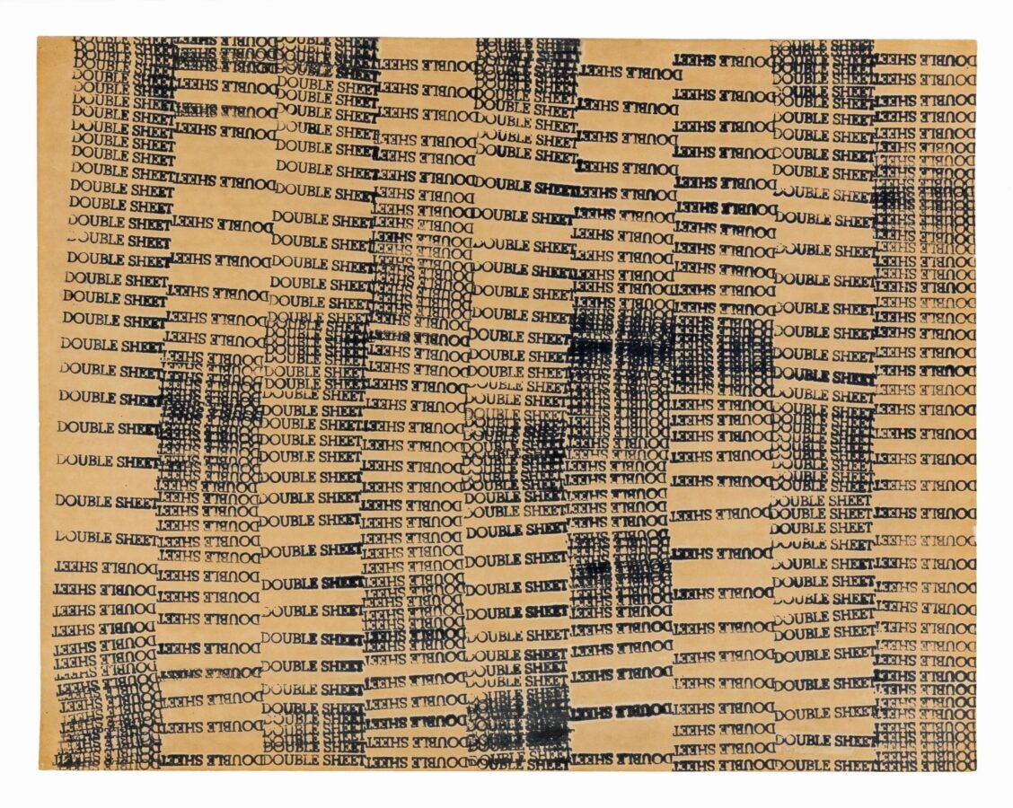 Repeated black “DOUBLE SHEET” text, stamped in overlapping horizontal and vertical patterns across a tan sheet of paper.