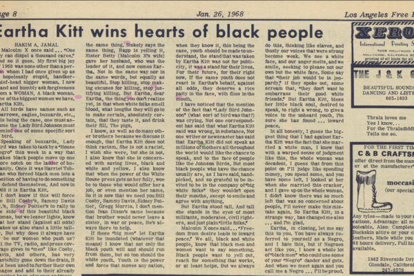 Page 8 of the January 26, 1968, Los Angeles Free Press. The headline reads “Eartha Kitt wins hearts of black people,” above a multi-column article by Hakim A. Jamal. Ads for a printing service, a music group, and moccasins appear along the right side.