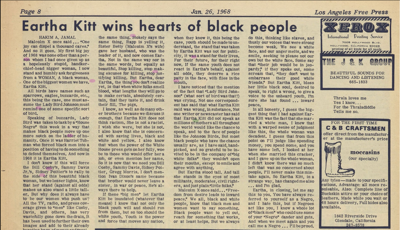 Page 8 of the January 26, 1968, Los Angeles Free Press. The headline reads “Eartha Kitt wins hearts of black people,” above a multi-column article by Hakim A. Jamal. Ads for a printing service, a music group, and moccasins appear along the right side.