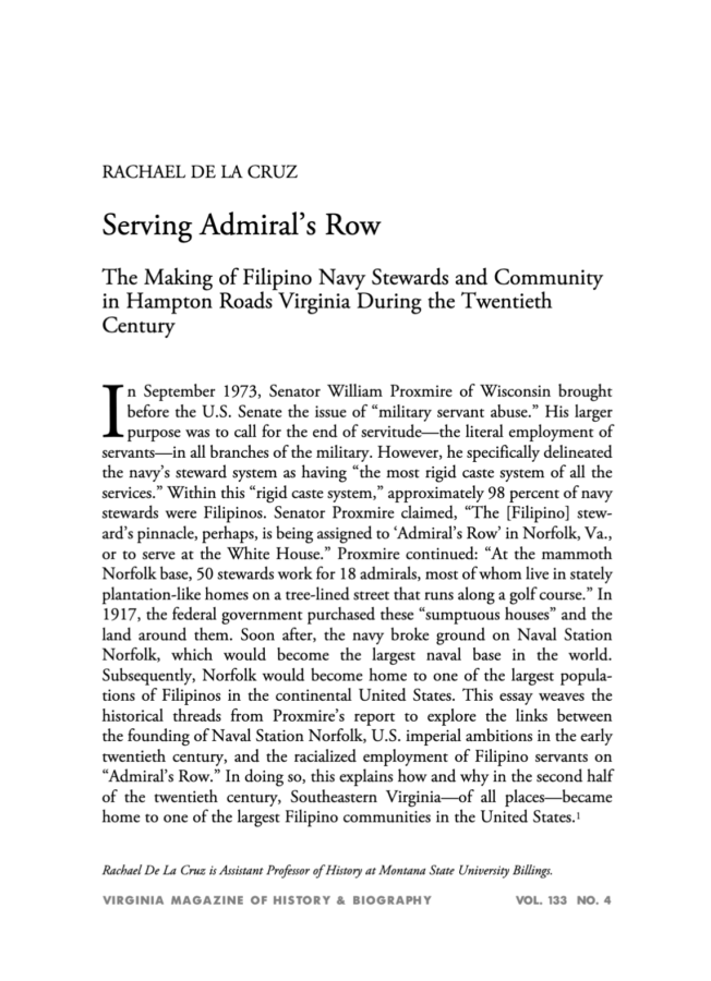 Opening page of Rachael De La Cruz’s article “Serving Admiral’s Row: The Making of Filipino Navy Stewards and Community in Hampton Roads Virginia During the Twentieth Century.” The page includes the article title, author, and an abstract about Filipino Navy stewards, U.S. imperial ambitions, and the growth of the Filipino community in southeastern Virginia.