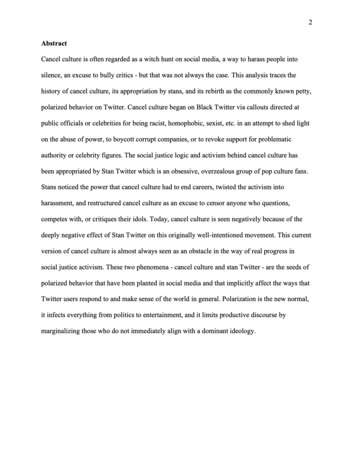 Page 2 of Hailey Roos’s paper, with the heading “Abstract.” The text discusses the history of cancel culture on Black Twitter, its appropriation by Stan Twitter, and the resulting polarization and harassment on social media.